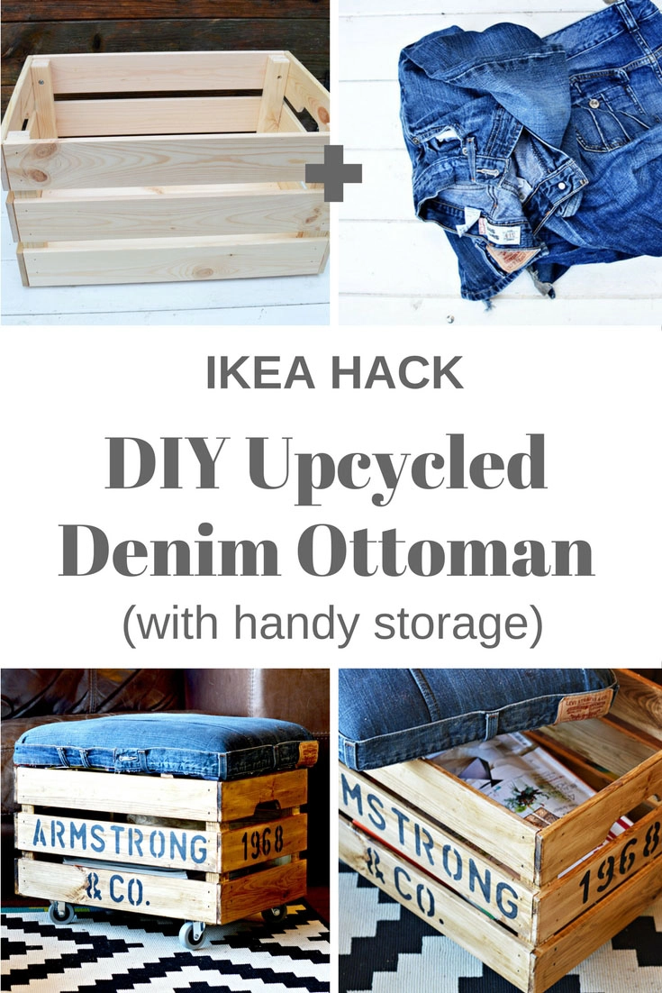 Nifty upcycled denim DIY ottoman made from an Ikea Crate.  Personalise with your own stencils.  Handy storage too!