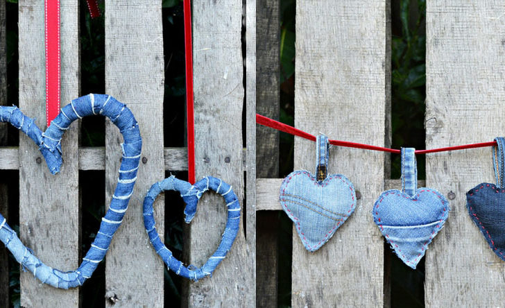 Upcycle your old jeans into denim hearts 2 different ways for Valentine's. One a wreath the other a padded keyring.