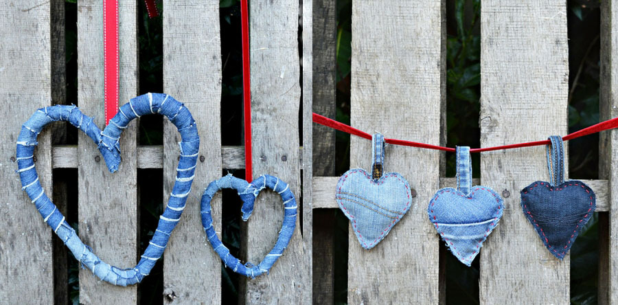 Upcycle your old jeans into denim hearts 2 different ways for Valentine's. One a wreath the other a padded keyring.