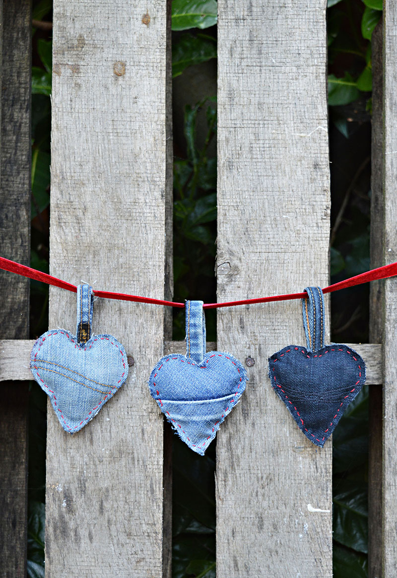 upcycled denim heart garland for Valentine's day