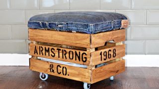 Make a nifty DIY ottoman with storage from a pair of jeans and an IKea Crate