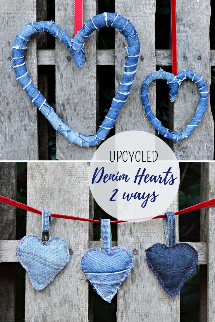 Upcycled denim hearts.