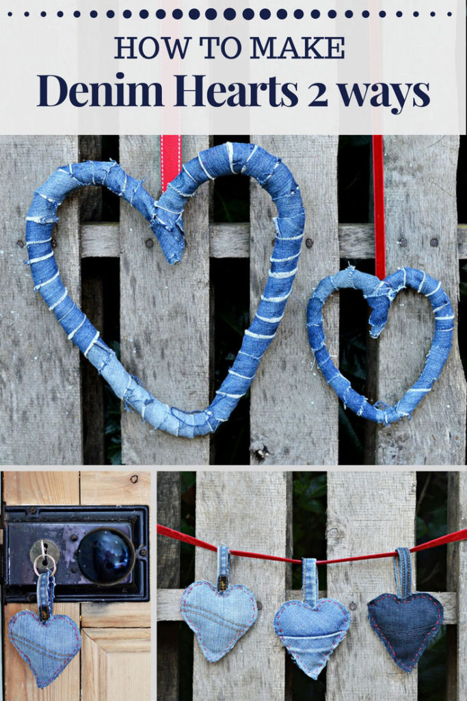 How to upcycle your old jeans to make rustic denim hearts 2 ways. A lovely wreath decoration and cute padded denim heart keyrings. Great as decorations or gifts for valentine's day, Christmas or whenever.