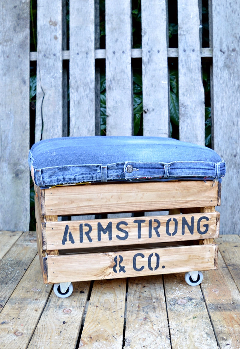 Nifty DIY Ottoman made from jeans and Ikea box.  Really handy storage too.