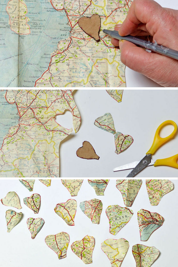 Paper flower petals cut out from old maps for map roses