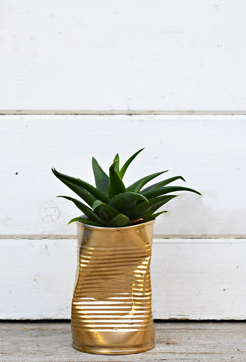Shabby glam upcycled crushed gold can diy planter.  