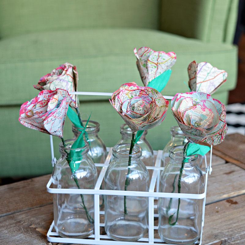 Easy to make map roses for a floral table decoration that won't wilt and die.