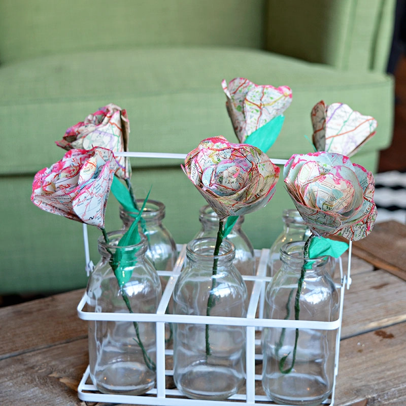 Easy to make map roses for a floral table decoration that won't wilt and die.