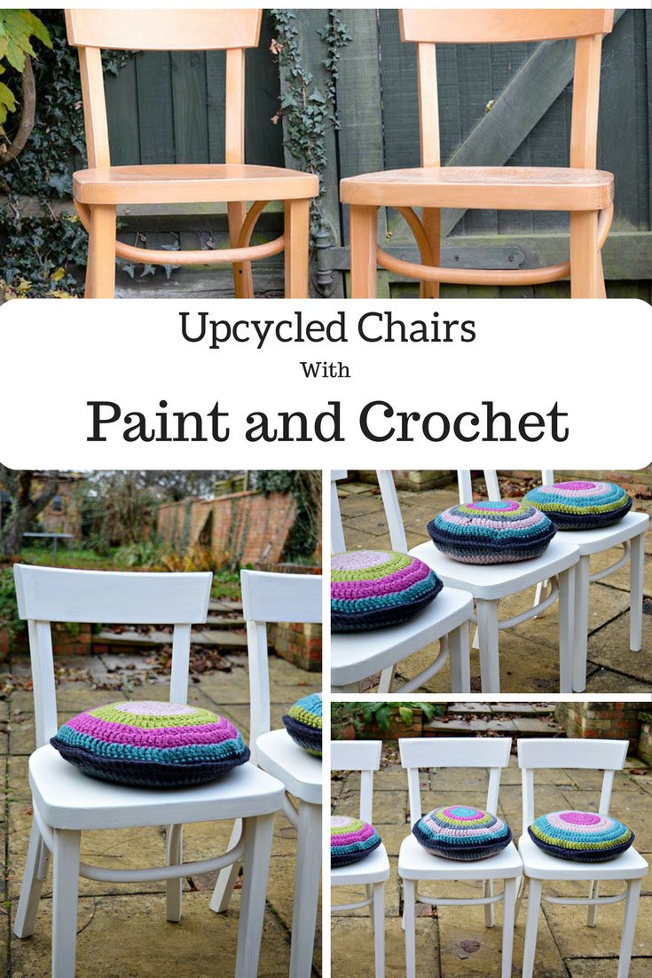 From drab to fab.  Simply upcycled chairs with chalk paint and crochet cushion pads.