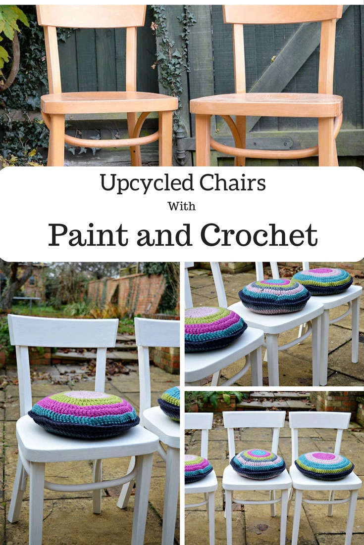From drab to fab.  Simply upcycled chairs with chalk paint and crochet cushion pads.