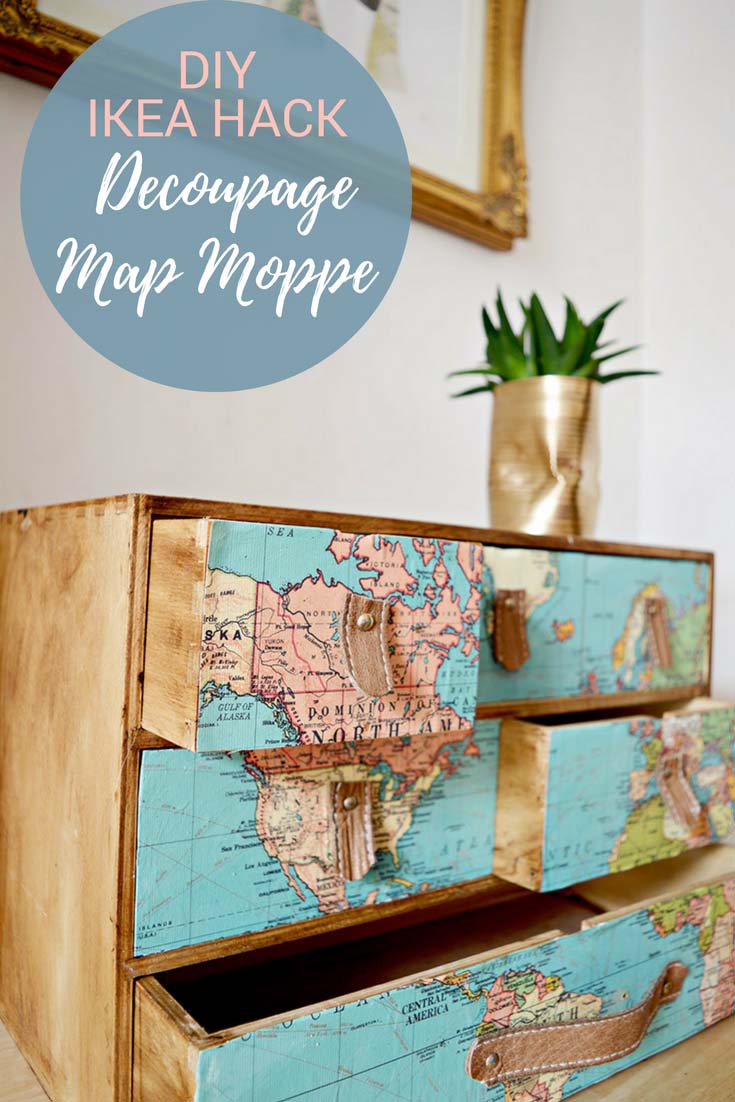 For those with wanderlust a fantastic transformation of an IKEA Moppe. Decoupaged with a vintage world map & leather drawer pulls for this elegant hack.