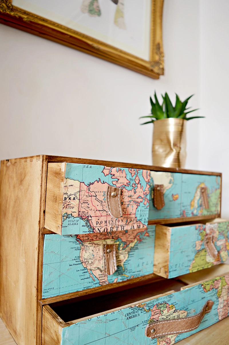IkEA Moppe hack with maps and leather drawer pulls.  