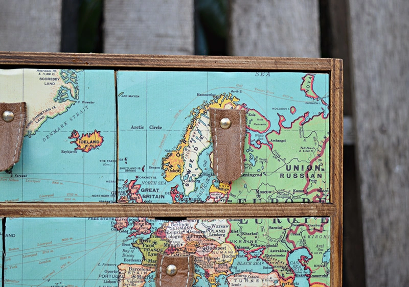 Ikea Moppe hack with maps and leather drawer pulls.  Great look for those with wanderlust.