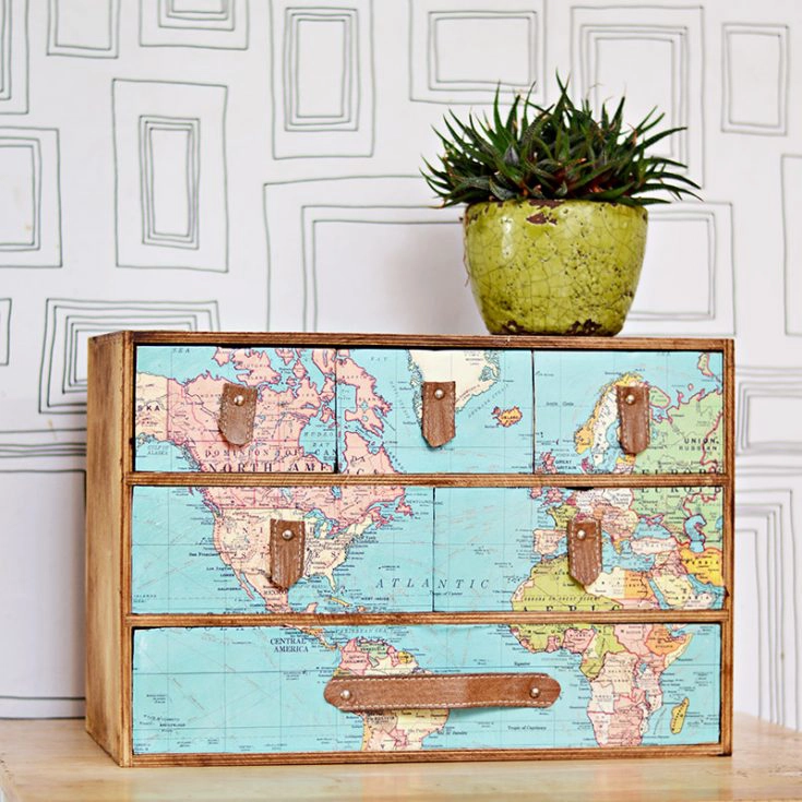 A fantastic IKEA Moppe hack with a vintage world map and leather draw handles. Full step by step DIY. Great gift for those with wanderlust.