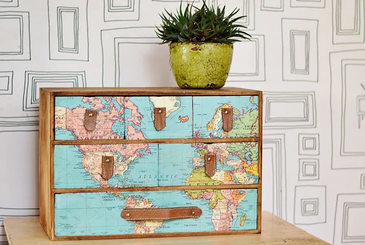 A fantastic IKEA Moppe hack with a vintage world map and leather draw handles. Full step by step instructions.