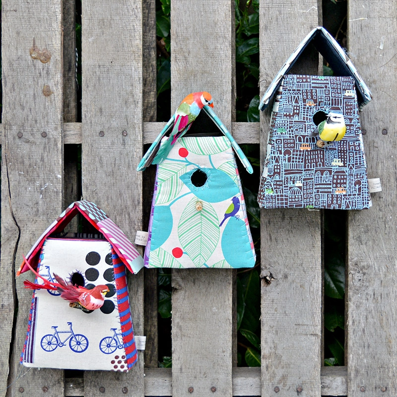 Upcycled Mother's Day gifts - Fabric birdhouses.  Free pattern and tutorial.