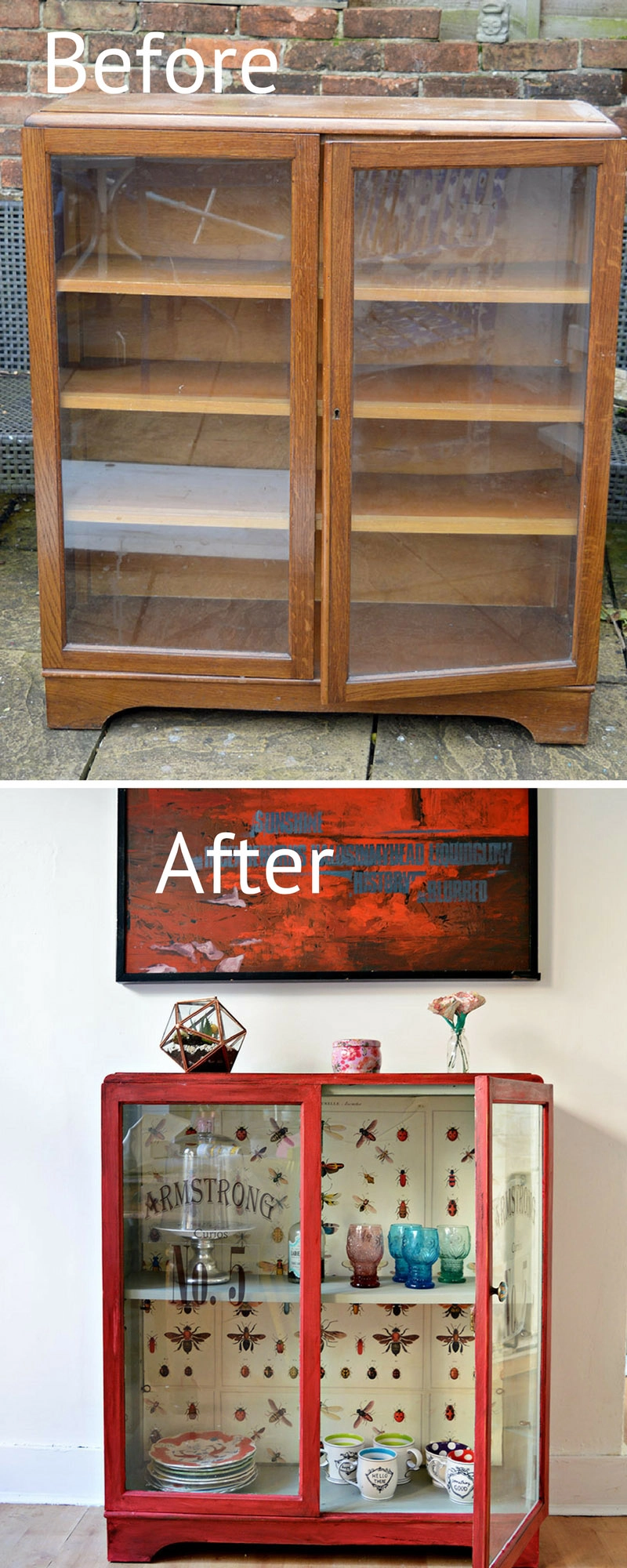 Furniture flip using the best chalk paint Annie Sloan Red Emperor's Silk and decoupage vintage graphics.