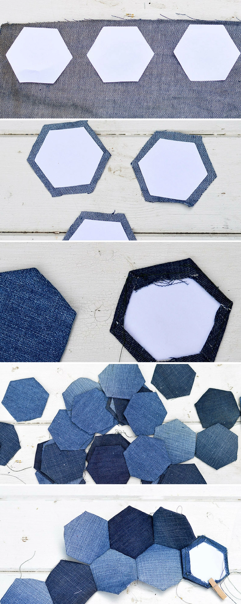 English paper piecing denim patchwork for a seat cover.