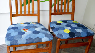 Make a gorgeous denim patchwork chair using old jeans and English Paper Piecing hexagons full tutorial.