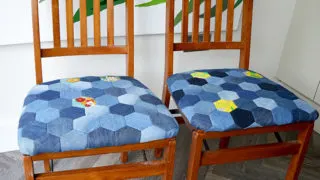 Make a gorgeous denim patchwork chair using old jeans and English Paper Piecing hexagons full tutorial.