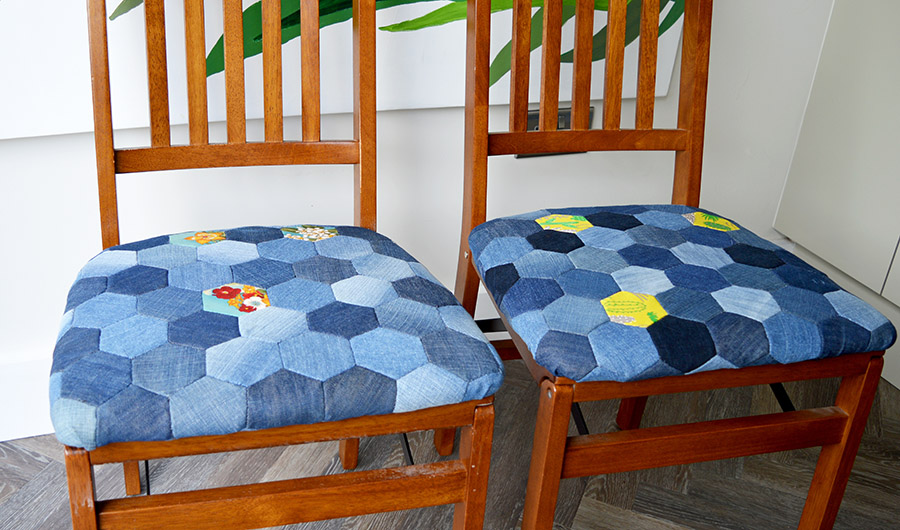 Make a gorgeous denim patchwork chair using old jeans and English Paper Piecing hexagons full tutorial.