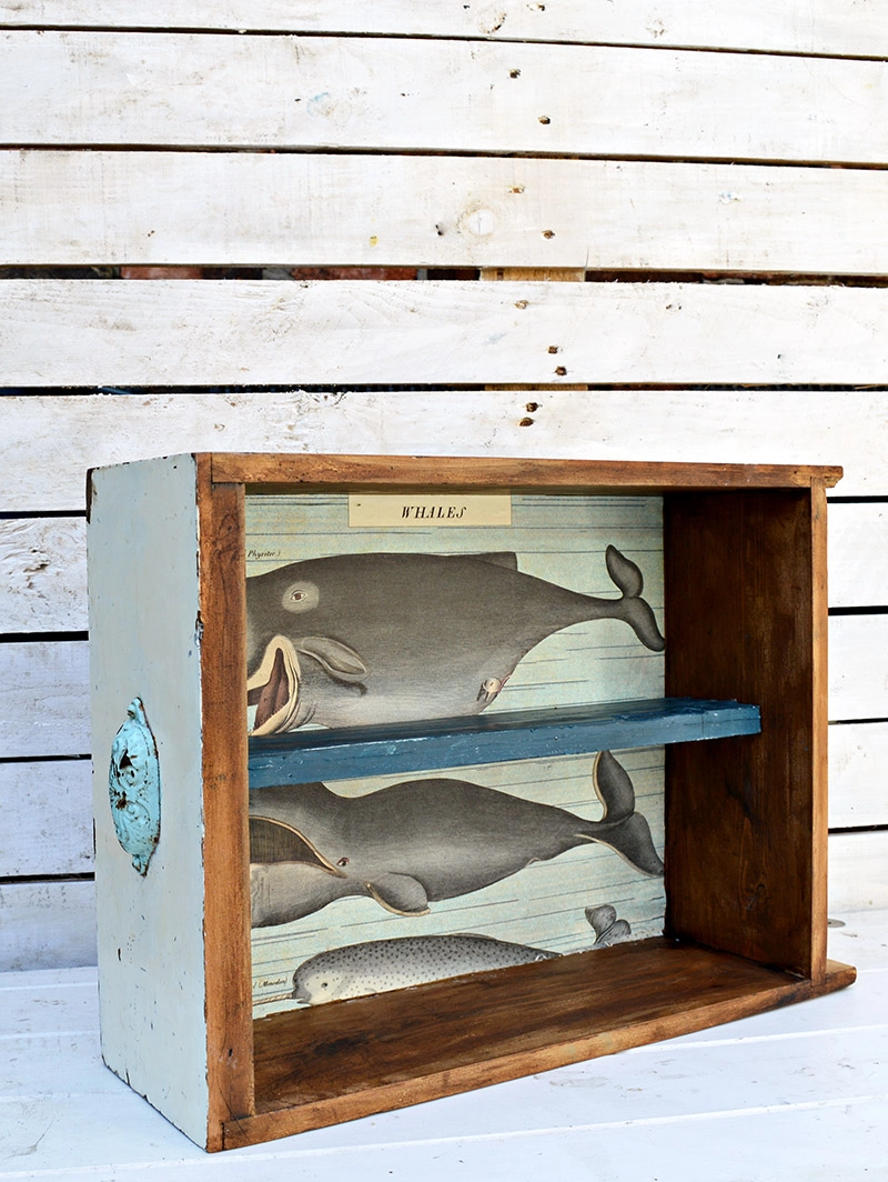 Upcycled drawers to make some unique and quirky furniture for your walls.  You can decoupage paper on the back to suit your room.  This one was for a bathroom hence the Whales.