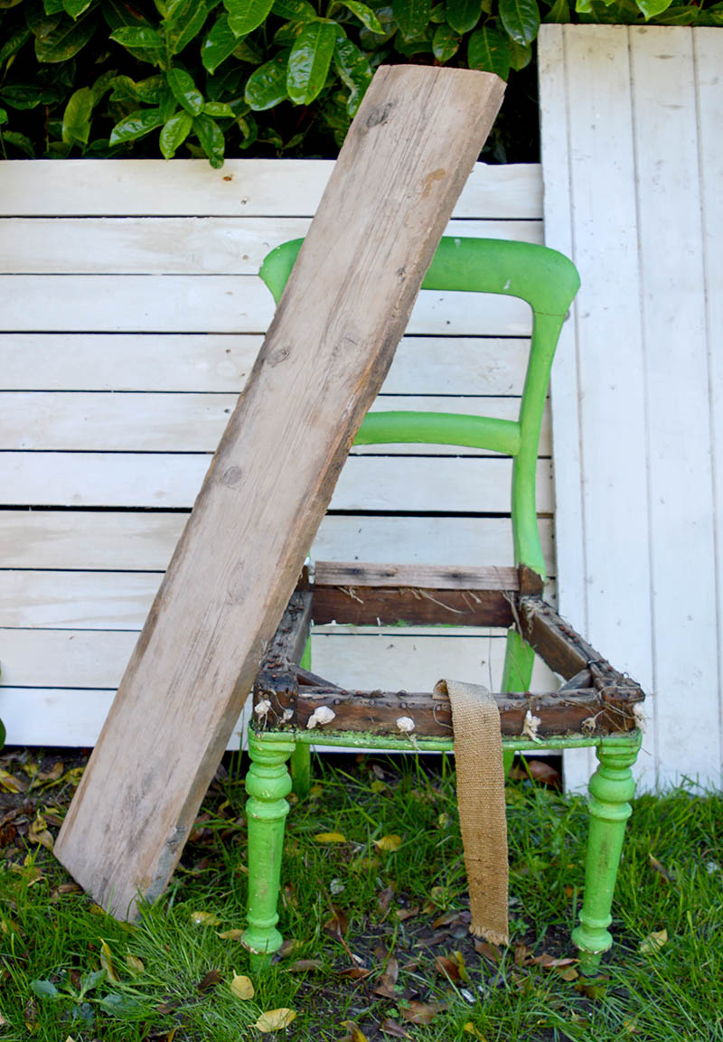 Scaffolding board and old chair for upcycled bench.