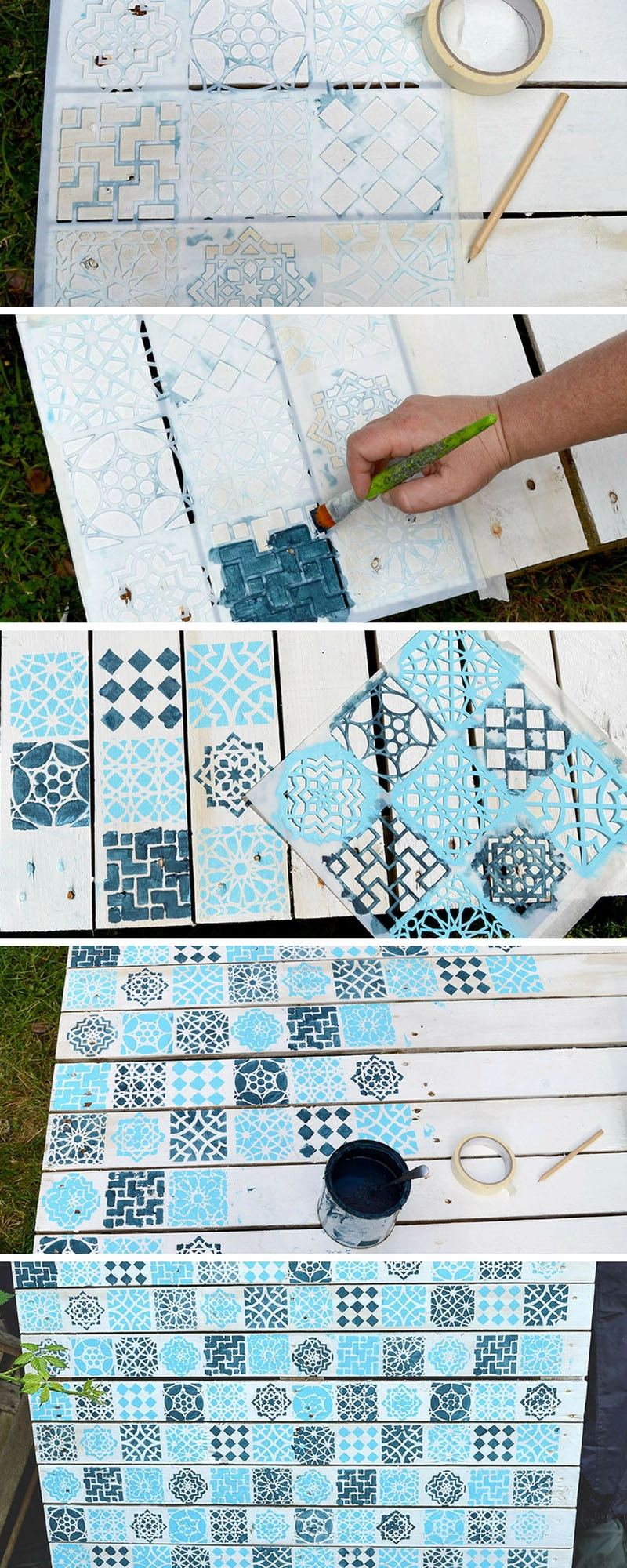 How to create a Moroccan tile style effect on painted wood pallet using a stencil.  To use as a wall planter.