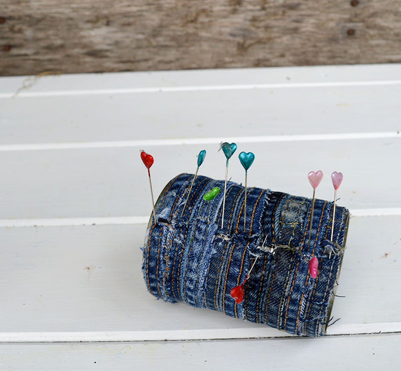 gluing the recycled jean planter