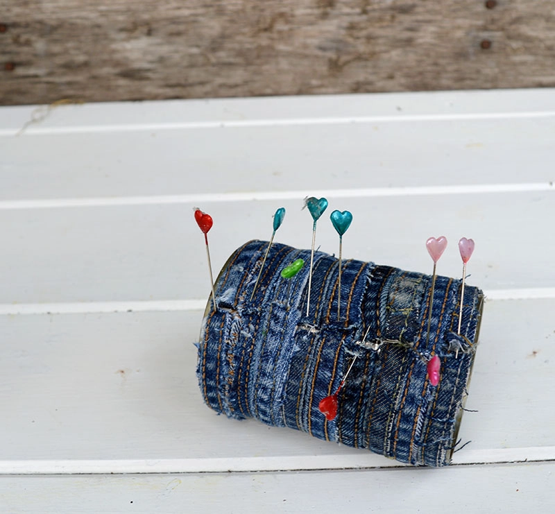 gluing the recycled jean planter