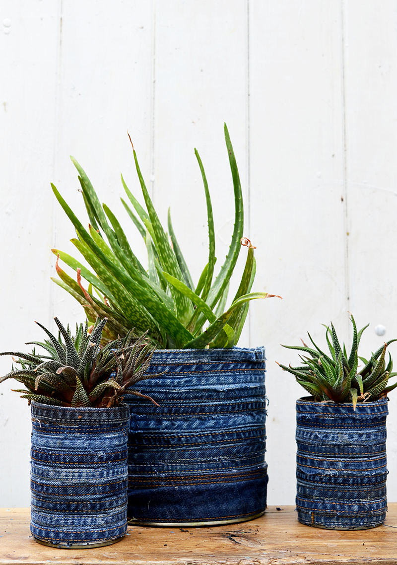 Make some unique recycled jean planters by upcycling denim seams and tin cans