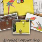 upcycled leather bag with scarlet macaw print