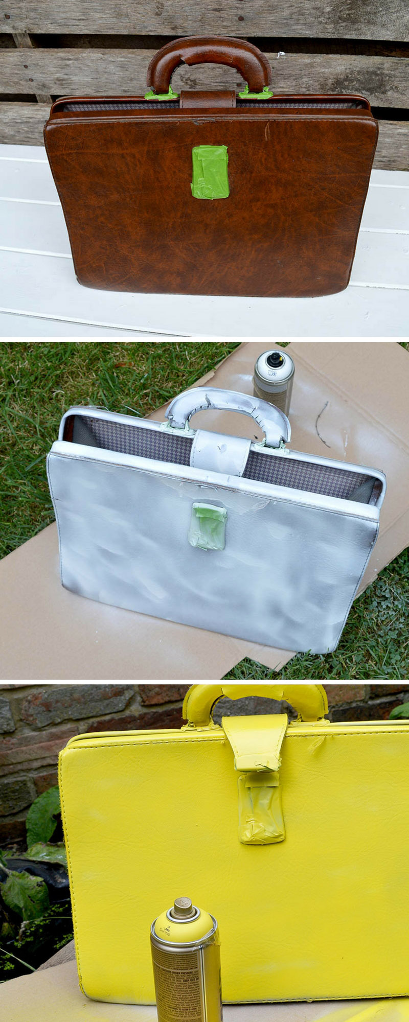 Spray painting a leather briefcase for an upcycle