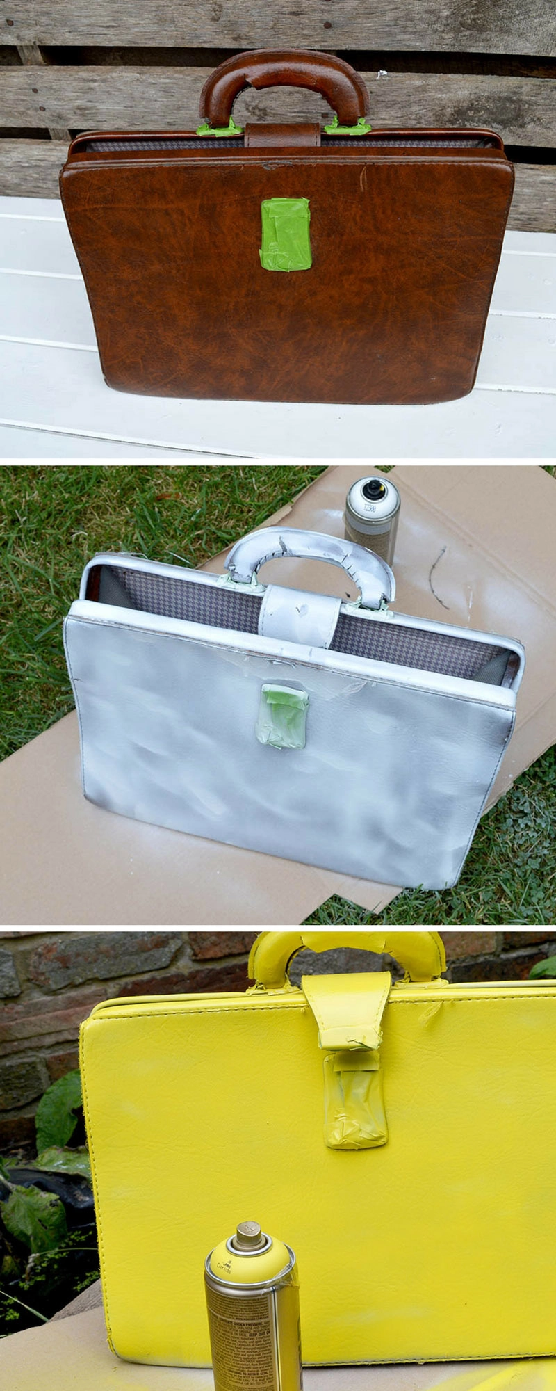 Spray painting a leather briefcase for an upcycle