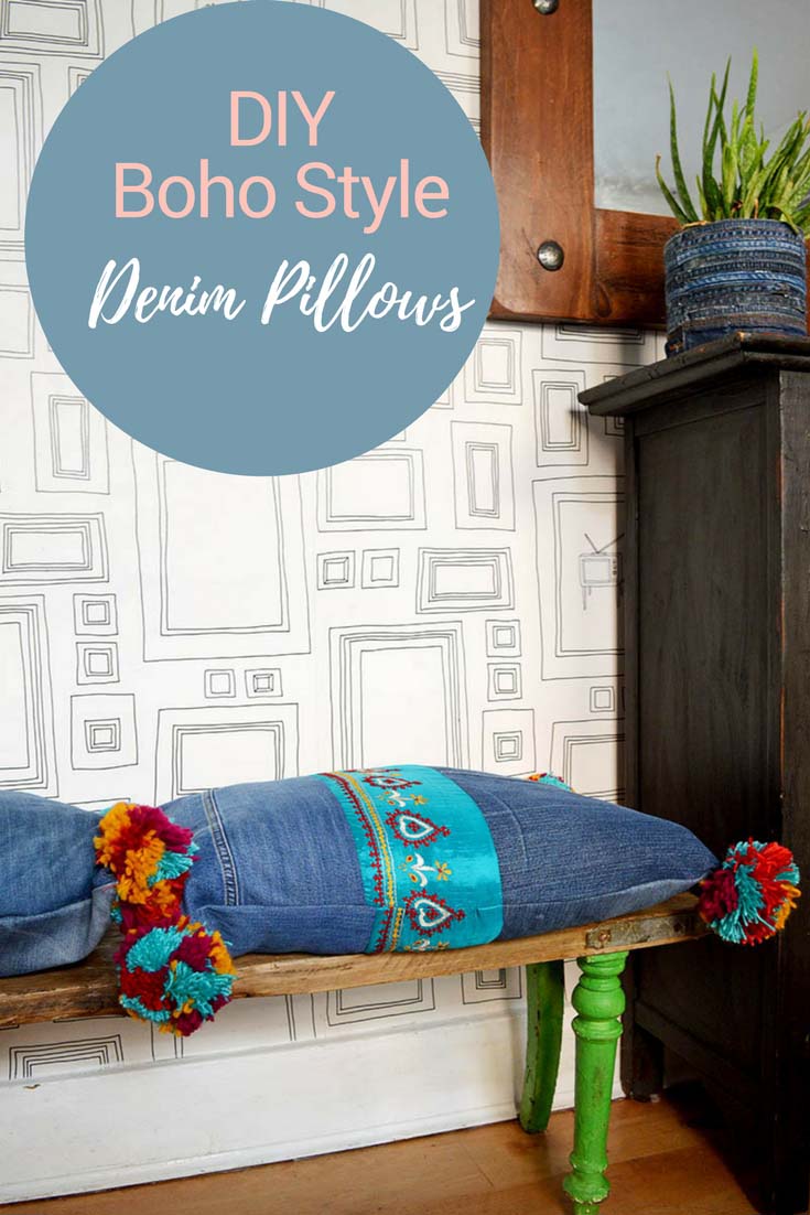 These gorgeous recycled jeans pillows will brighten up any home.  They made from upcycled denim and have colourful pom poms and sari trim for that boho look.