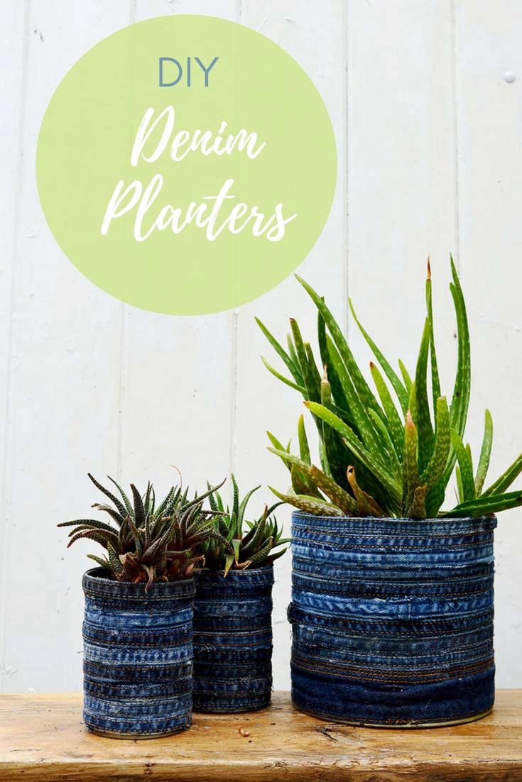 These recycled jeans tin can planters are so easy to make.  No sewing involved just glue and upcycled denim hems and seams (step by step tutorial).  They look great when planted with succulents and would make a lovely gift.