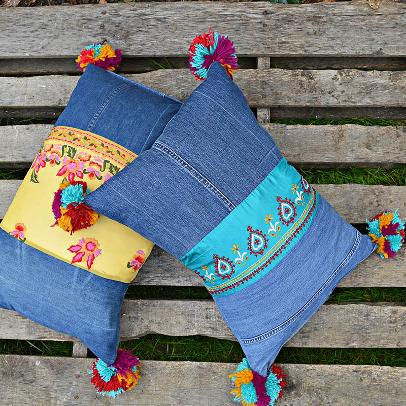 Easy Way To Make Colourful Boho Style Jeans Pillows Pillar Box Blue