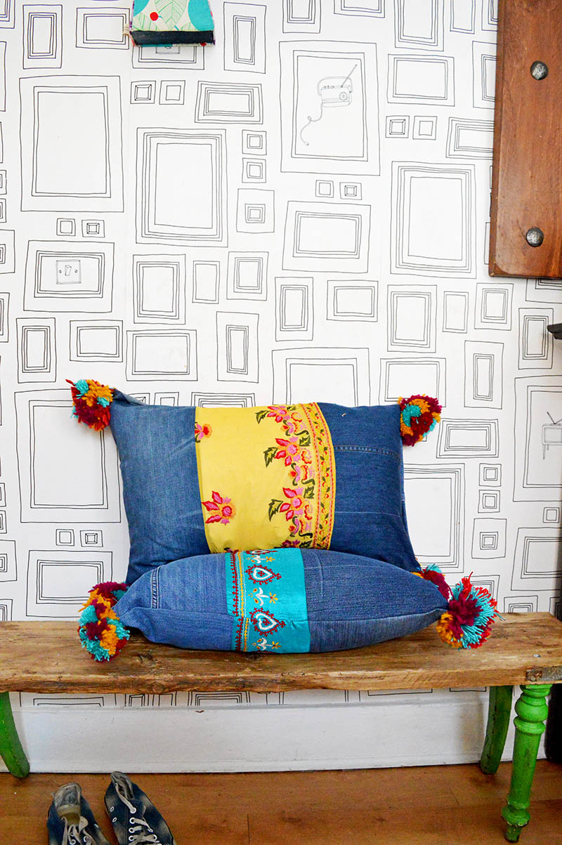 boho jeans pillows bench