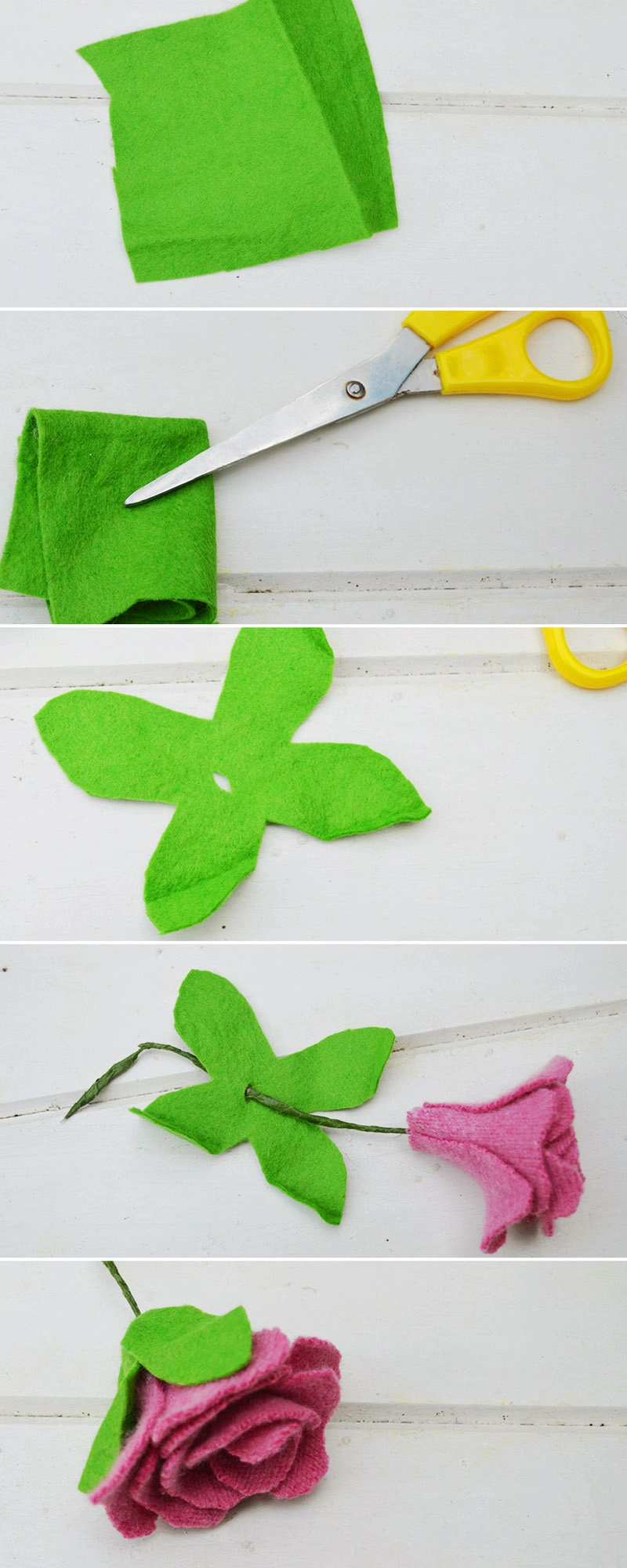 Making felt leaf for sweater roses