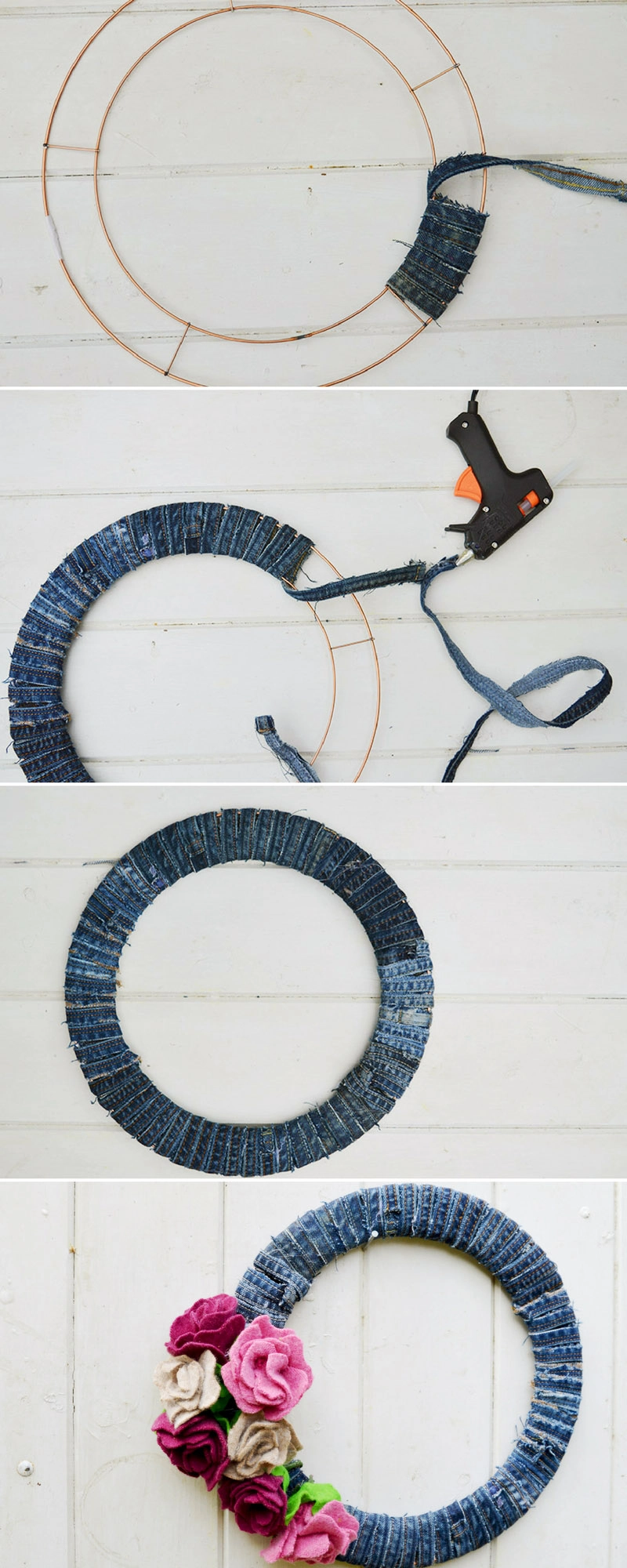 Putting together your recycled jeans wreath by adding the DIY sweater felt roses.