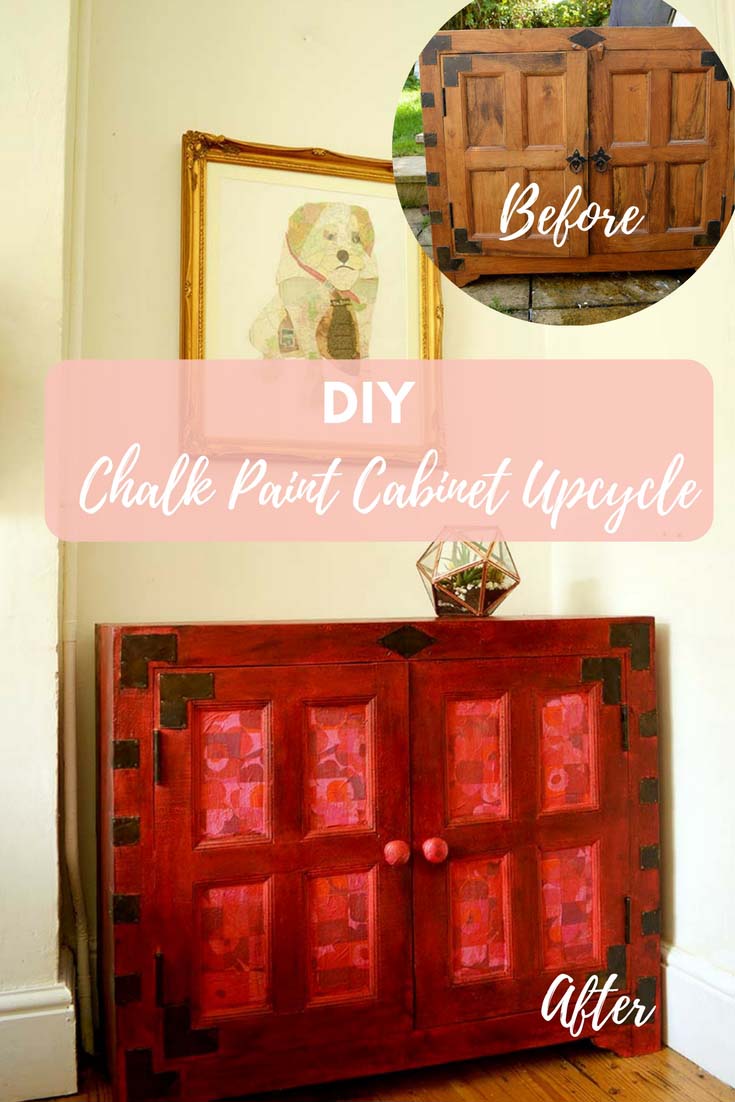 Chalk paint makes a cabinet upcycle so easy, as no prep is required.  This cabinet upcycle was done with Annie Sloan Emperor's Silk chalk paint and decoupaged Marimekko napkins.