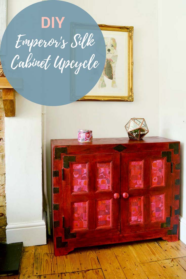 Cabinet upcycle with Annie Sloan Emperor's Silk chalk paint.  Add accents of Marimekko with paper napkin decoupage.