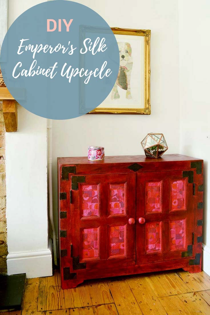 Cabinet upcycle with Annie Sloan Emperor's Silk chalk paint.  Add accents of Marimekko with paper napkin decoupage.