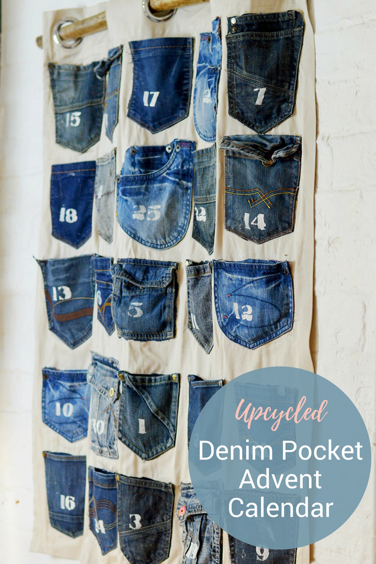 Recycle your families old jeans pockets into a fabulous handmade advent calendar. Really simple step by step tutorial with no sewing involved.#Christmas #adventcalendar #upcycleddenim #recycledjeans #christmascraft 