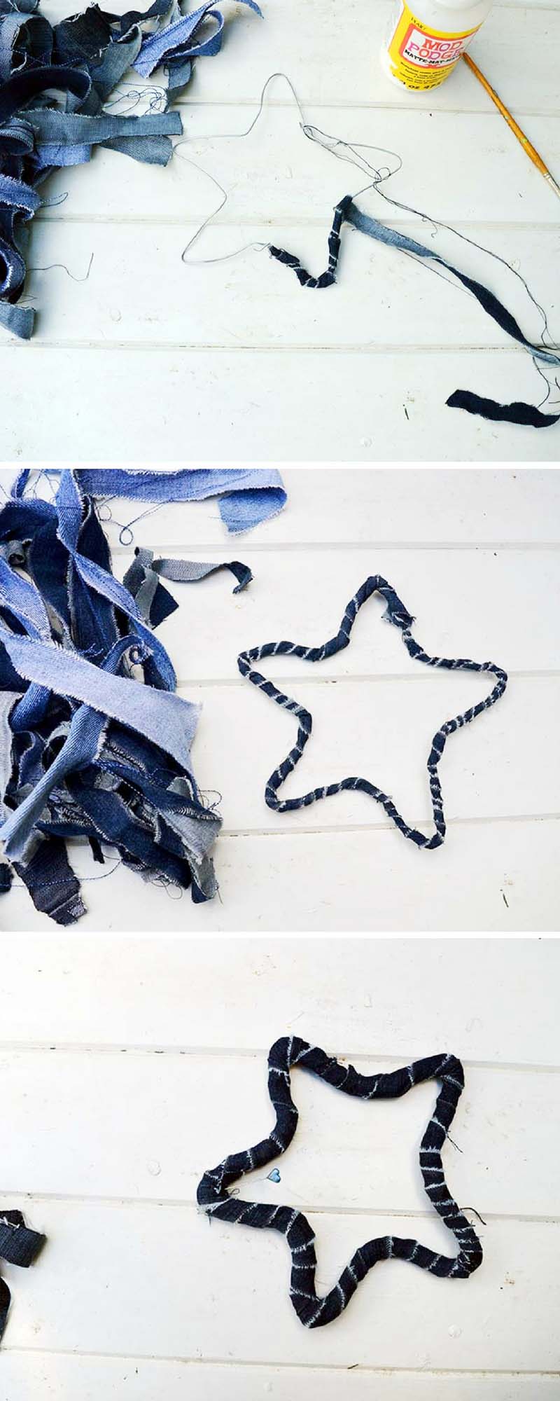 Wrapping fabric strips around the wire frame to make denim stars
