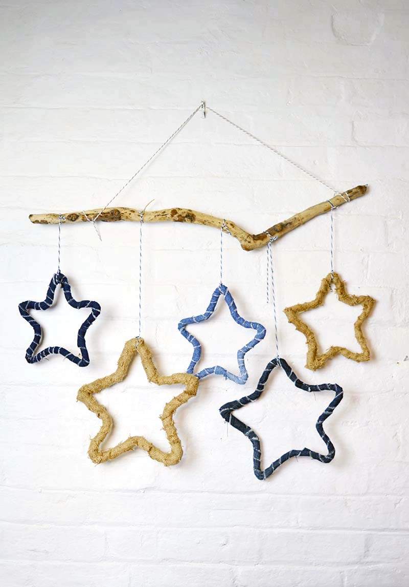 Make rustic stars to decorate your home. They can be made from recycled jeans or burlap on a simple wireframe. A great upcycled Christmas decoration.