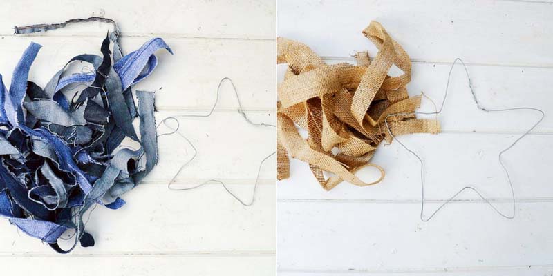 strips of denim and burlap for making rustic stars