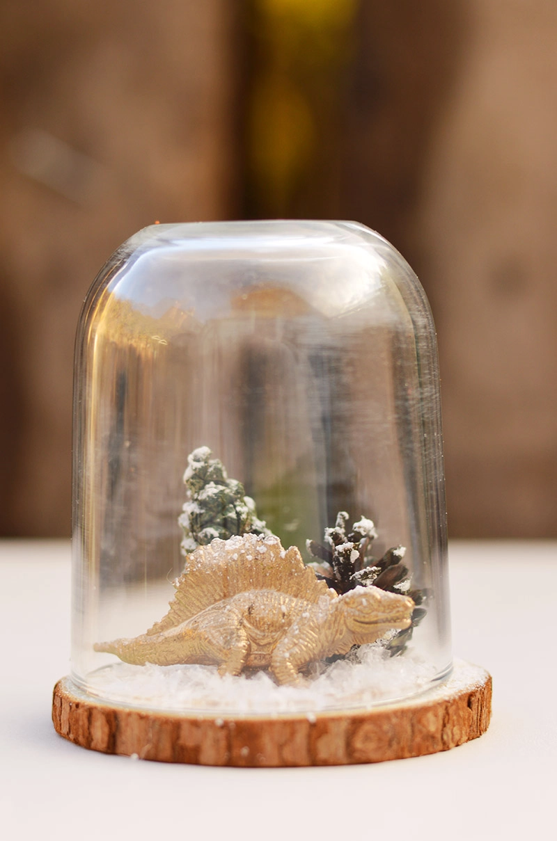 Add some fun to your Christmas decorations by repurposing a Nutella jar and making a super cute min Christmas Cloche (dinosaur terrarium).