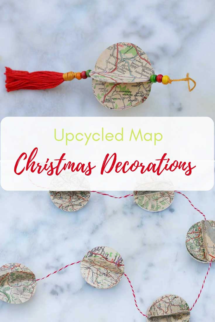 Repurposed road map garland and ornaments