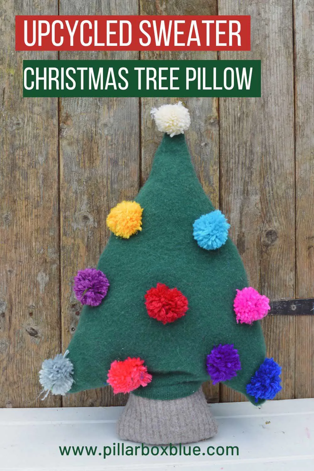 upcycled sweater DIY christmas tree shaped pillow